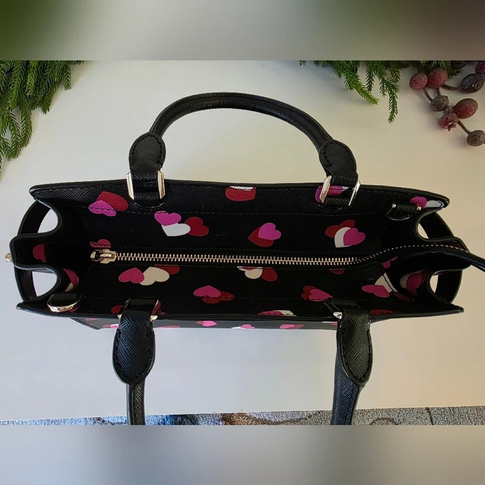 Kate Spade Medium Staci Flutter Hearts Satchel-Crossbody Black Saffiano Leather